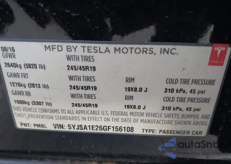 2016 Tesla Model S 60D/70D/75D/85D/90D из США, поврежденный, VIN 5YJSA1E26GF156108